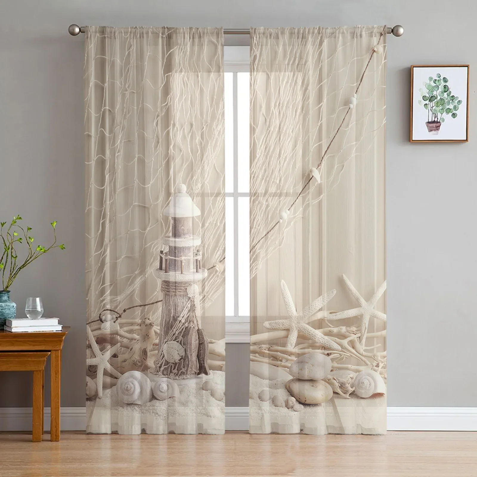 Fishing Net Starfish Lighthouse Beach Wooden Tulle Sheer Window Curtains for Living Room Bedroom Voile Organza Curtains Drapes