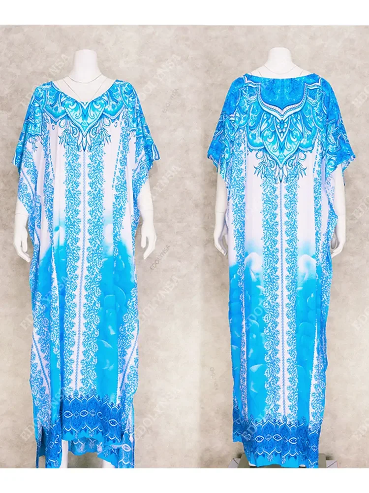 Blue Kaftan Causal Printed Sexy V Neck 2024 Summer Women Beach Wear Cotton Tunic Oversize Bat sleeve Maxi Dresses Q774