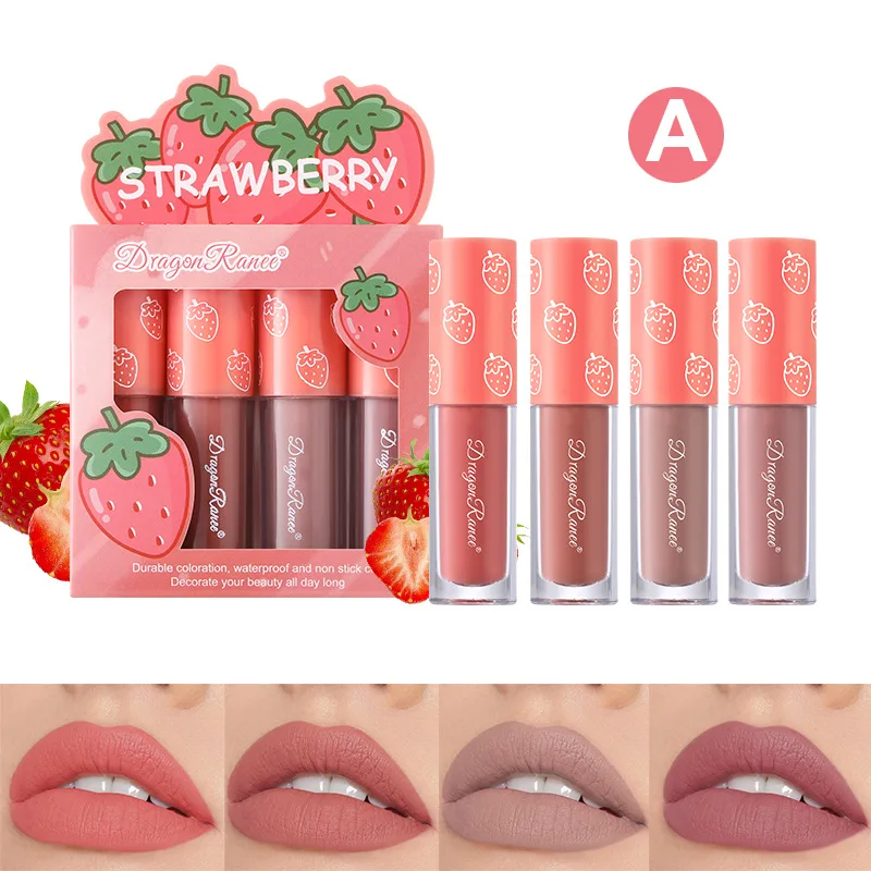 Velvet Matte Lip Glaze Set Non-Fade Non-Sticky Cup Fruit Makeup Lip Gloss Four Mini Sets
