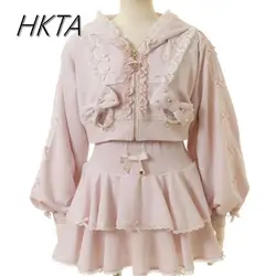 Japanese Lolita Girl Mine Bow Cute Hooded Sweatshirt Jacket Cake Skirt Set Women Outfit Lolita Liz Hoodies Coat Mini Skirt