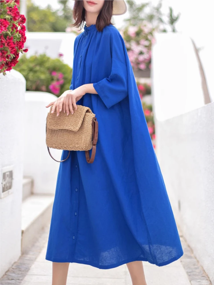 Klein bleu lin sept Sve Dr femmes printemps forêt système Art ample mince coton lin ouvert Cardigan Long Dr