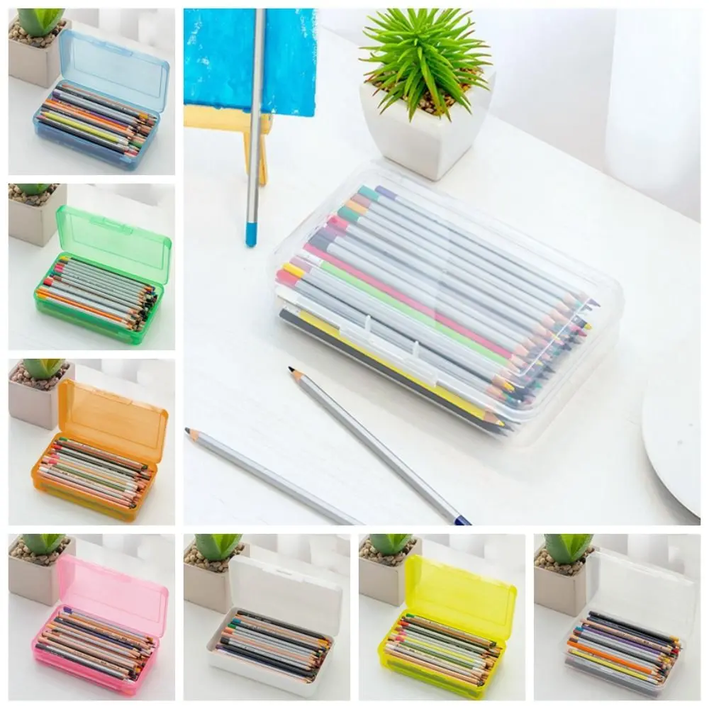 

Snap-tight Lid Transparent Plastic Pencil Box Eco-friendly Large Capacity Anti-drop Candy Color Office Supplies