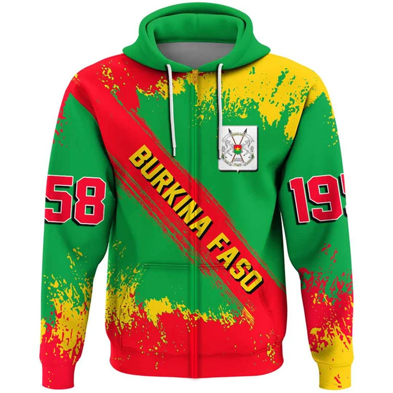 Burkina Faso Flag Map Graphic Sweatshirts BF National Emblem Zip Up Hoodie For Men Clothes Casual Daily Sportwear Boys Pullovers