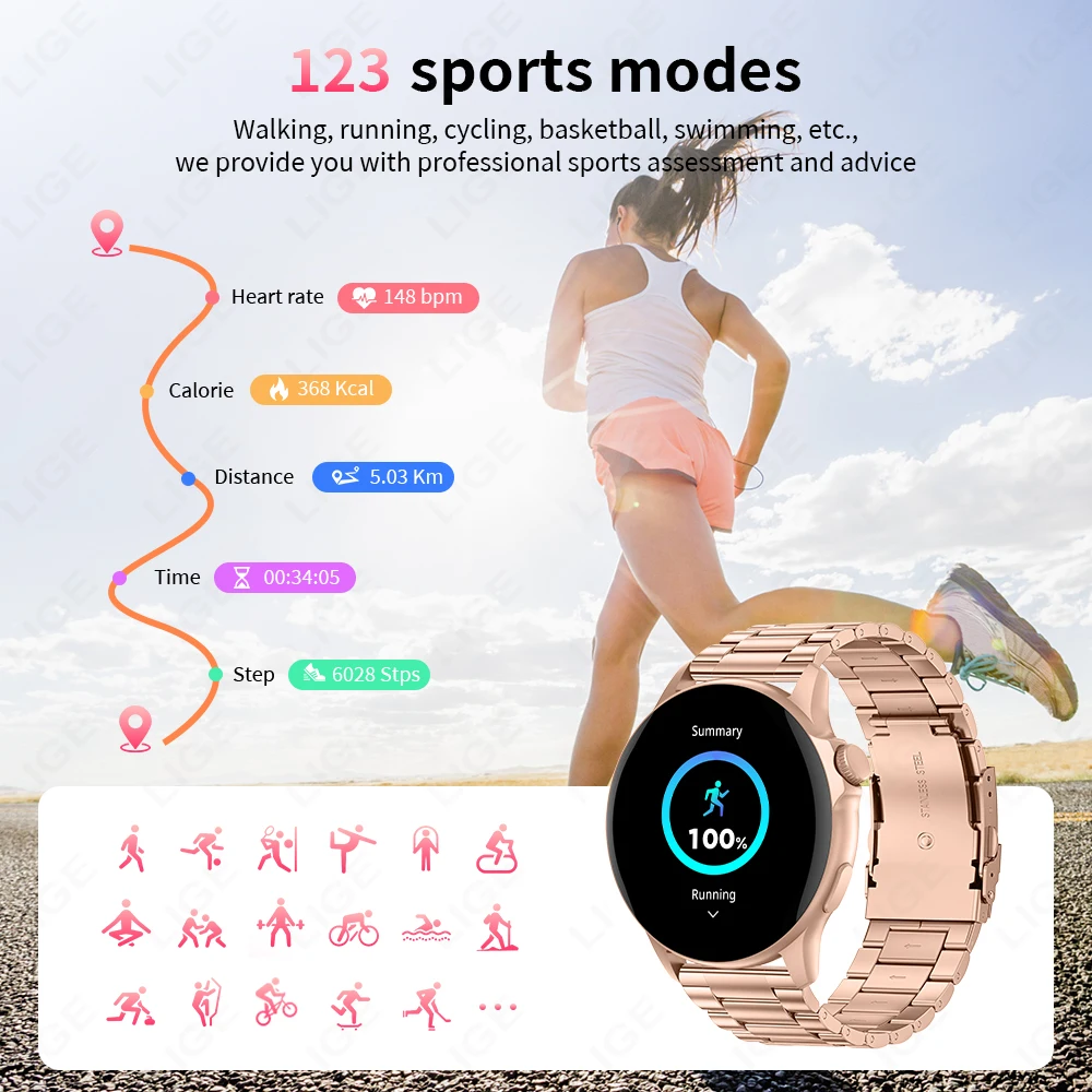 LIGE Women Smartwatch Full Touch Screen BT Call Sports Fitness Tracker Health Monitor Custom Dial Ladies Gifts Digital Watch Men