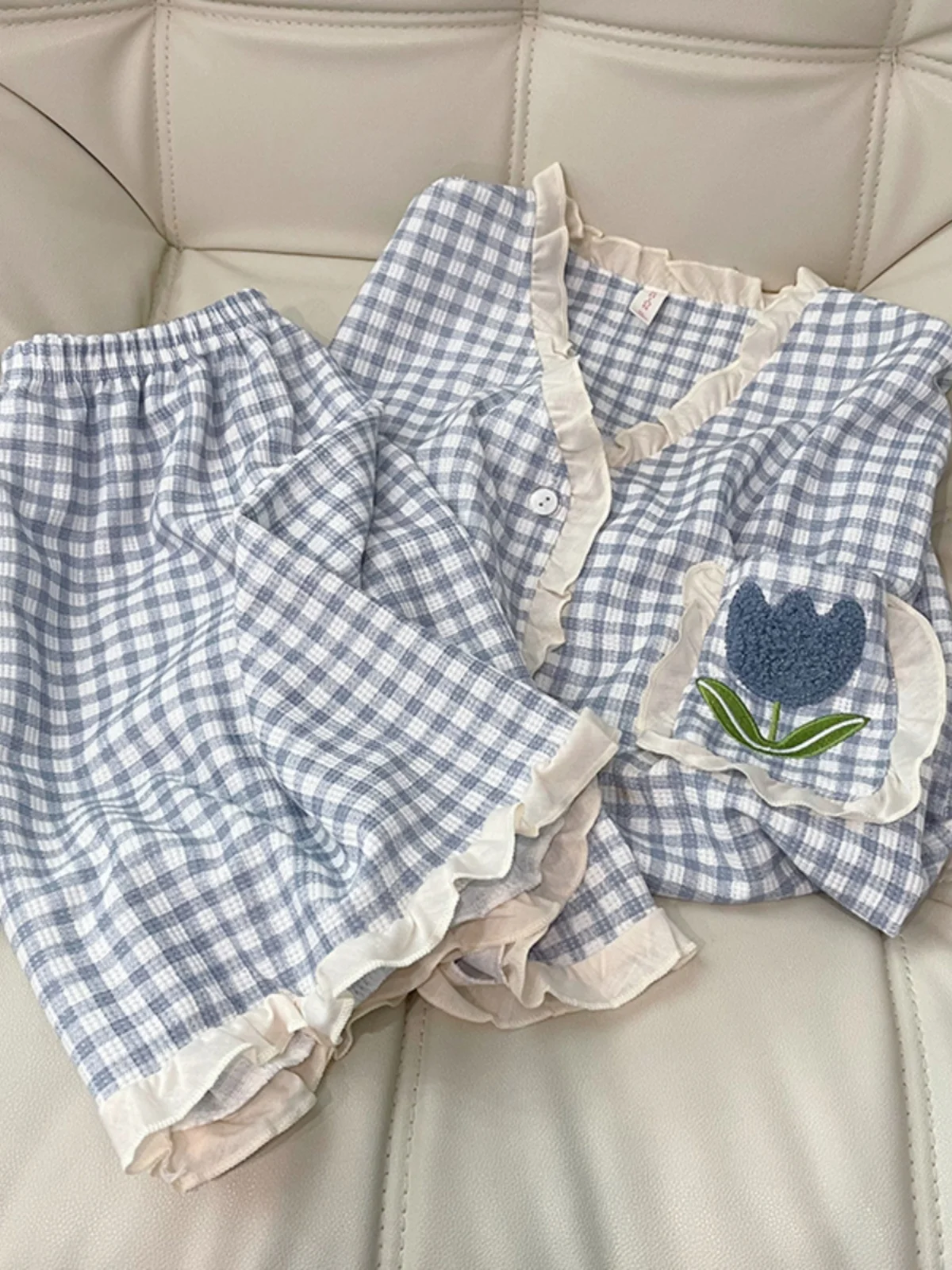 DAIMELU ins wind pure cotton pajamas women's fattened plus size fat mm summer blue plaid flower short-sleeved loungewear set