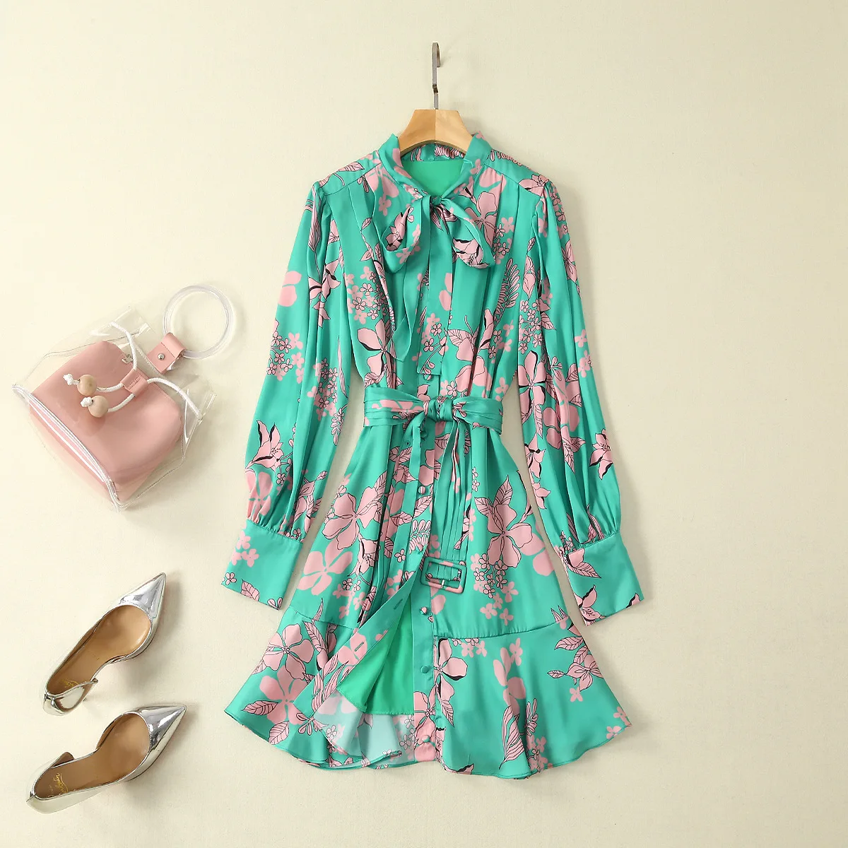 Women Lantern sleeve Bow Dress Print Green Mini Dress