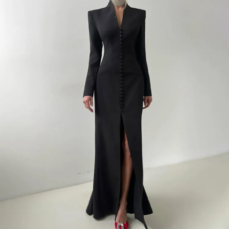 Abito da donna sottile sexy 2025 Moda scollo a V manica lunga abiti alla caviglia Elegante abito classico con spacco femminile Robe De Soiree