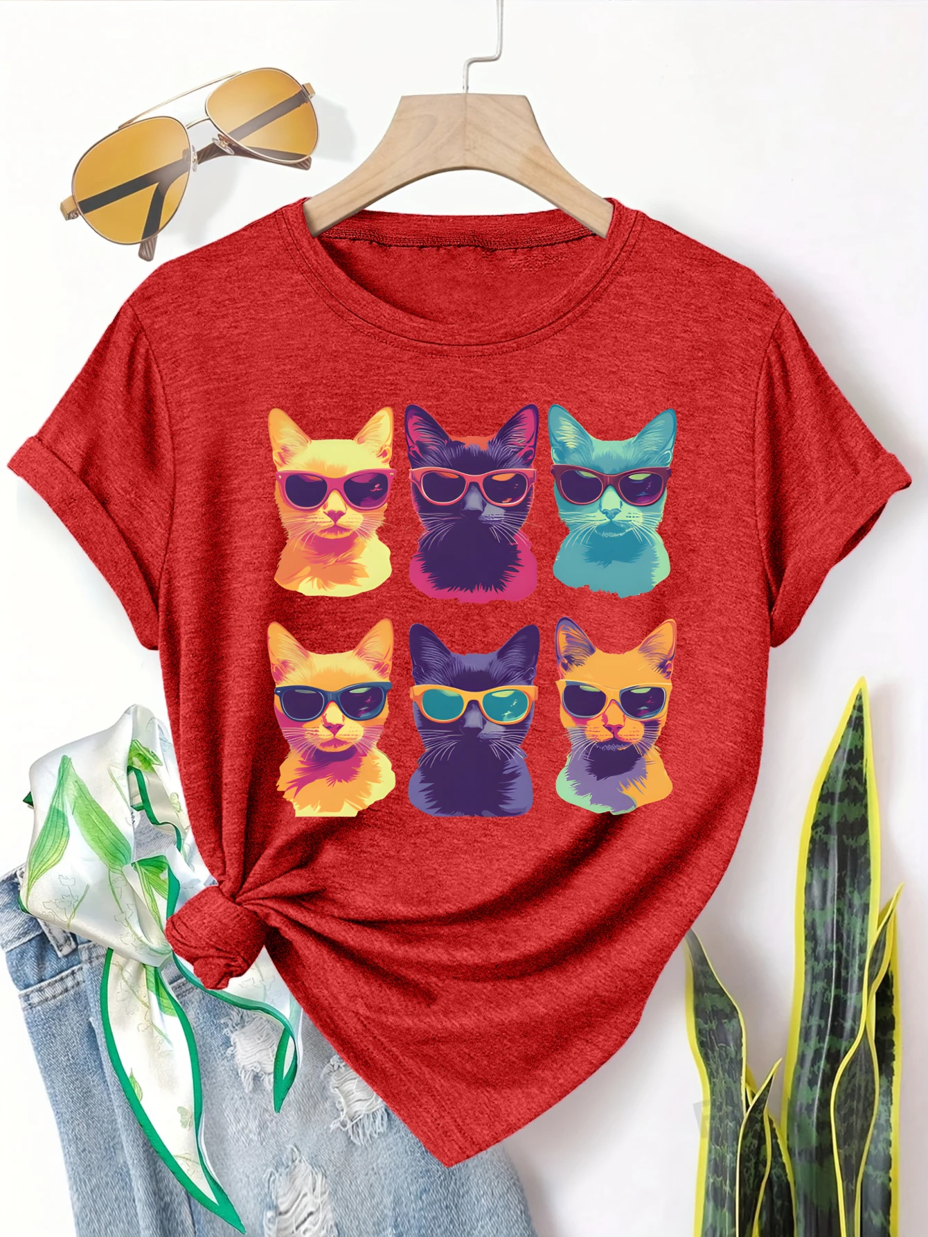 

Plus size women's short sleeve T-shirt Colorful Cats With Sunglasses Pattern Spring and Summer Must-Haves summer outfits