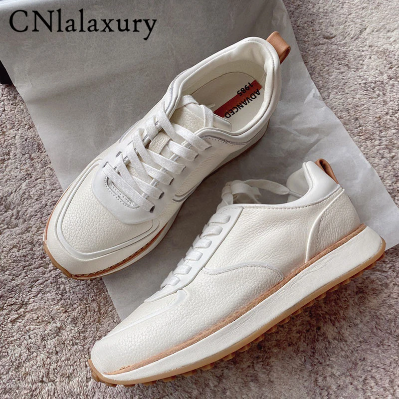 CNlalaxury 2022 New Fashion Women Genuine Leather Lacing Thick Sole Casual Shoes Solid Simple Sneaker Ladies Shoes Female