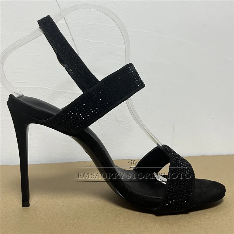 Jeweled Rhinestone Ankle Strap Sandals Women 10cm Stiletto Heel Luxury Suede Sexy Open Toe Summer Shoes