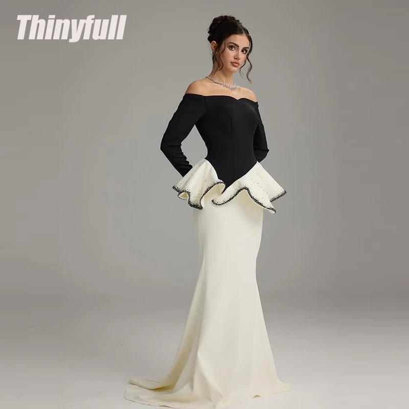 

Thinyfull Mermaid Satin Arab Prom Dresses Long Sleeves Off Shoulder Evening Gown Dubai Formal Dress robes de soirée Customized