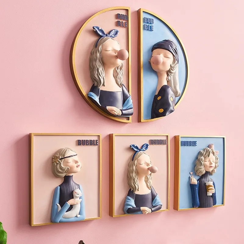 Nordic Cute Resin Girl Painting Wall Mural Crafts Club Restaurant Hanging Decoration Home Livingroom Sticker Ornaments