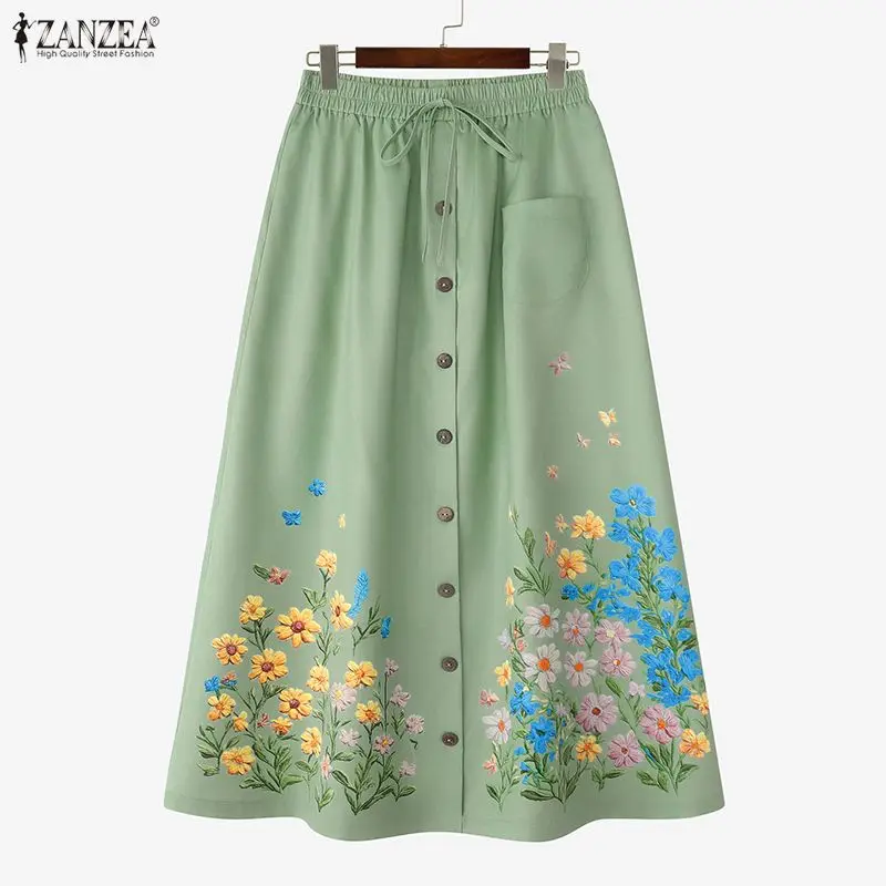 Elegant Floral Print Women Skirts ZANZEA Long Skirt A-line Elastic Waist Bottoms OL Work Party Streetwear Oversize S-3XL