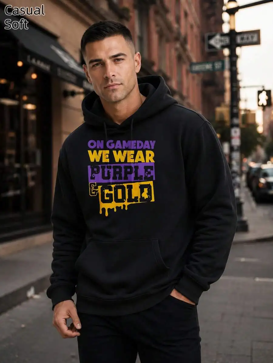 Men's Hoodie, Casual Soft Style, On Gameday We Wear Purple And Gold Text Design, Fall Winter Game Day Wear, Gift For Sports Fan Boyfriend Husband