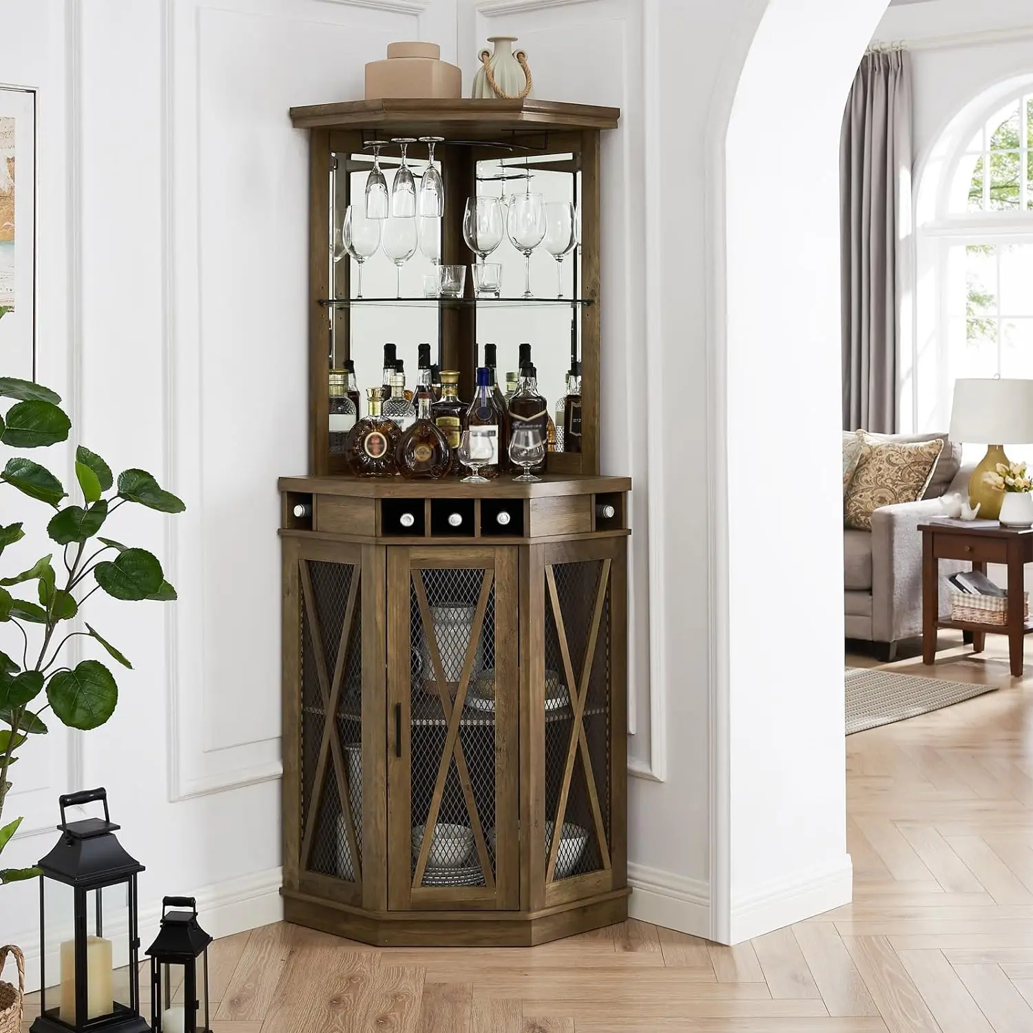 

73" Tall Corner Bar Unit Reclaimed Barnwood Liquor Cabinet Wine Storage Pantry Organizer Glass Holder Mesh Doors Upper Shelf –