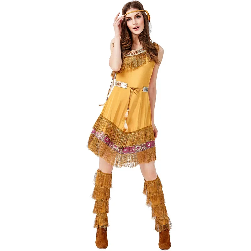 Halloween Native Indians Princess Goddess Cosplay Costume Tassel Indian Tribal Stage Performance Dance Dress