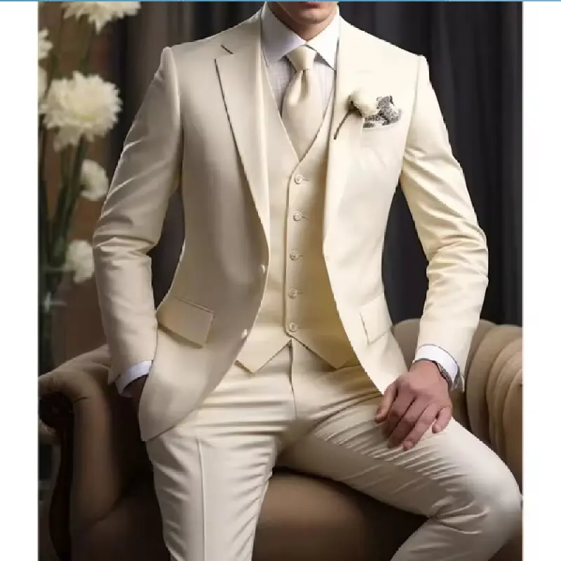 

Элегантный бежевый свадебный мужской костюм-тройка Slim Fit, роскошный костюм для мужчин, нарядный кремовый костюм для мужчин, одежда для торжественных мероприятий.