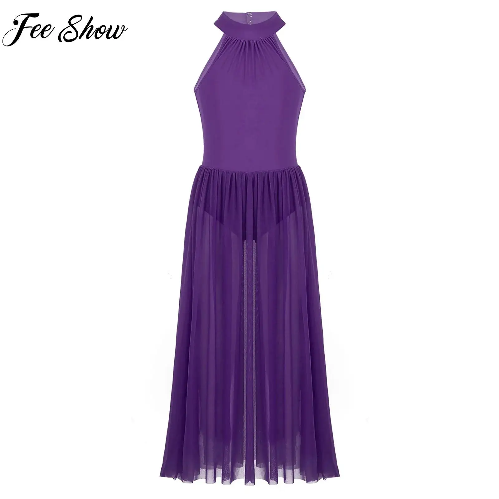

Kids Girls Lyrical Modern Dance Dress Sleeveless Mesh Gymnastics Skating Leotard Dress Dancewear Children Performance Costume