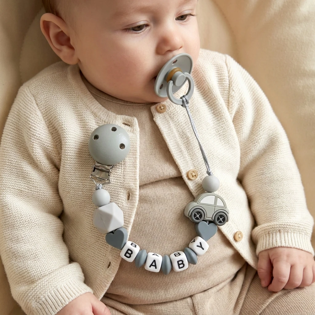 Personalized Grey Car Pacifier Clip Heart Silicone Teether Holder Custom Name BPA Free Dummy Chain Handmade Baby Boy Gift