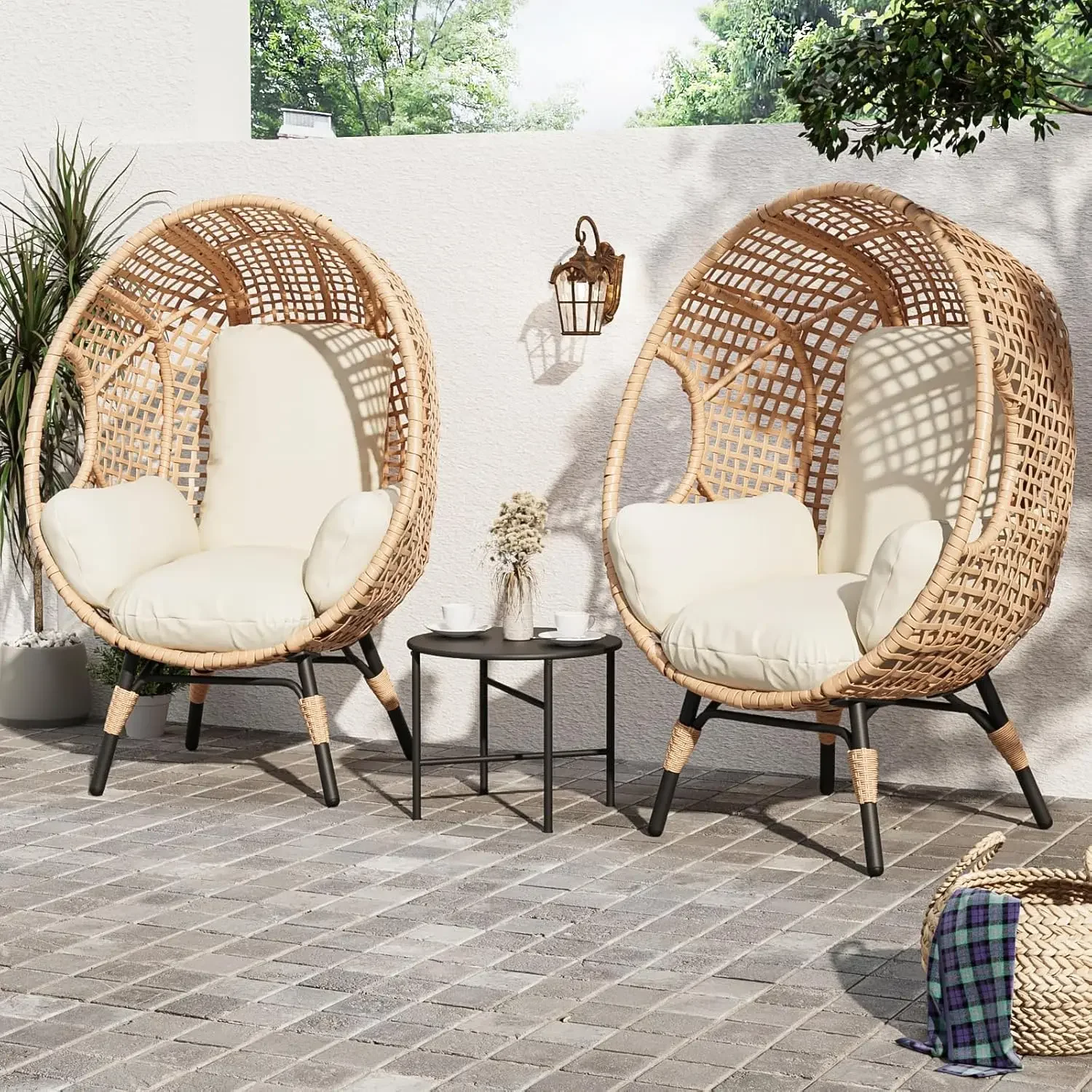 Outdoor Egg Chair - Oversized Wicker Basket Chair with Stand & Cushion, 500 lbs Capacity for Patio, Garden, Balcony