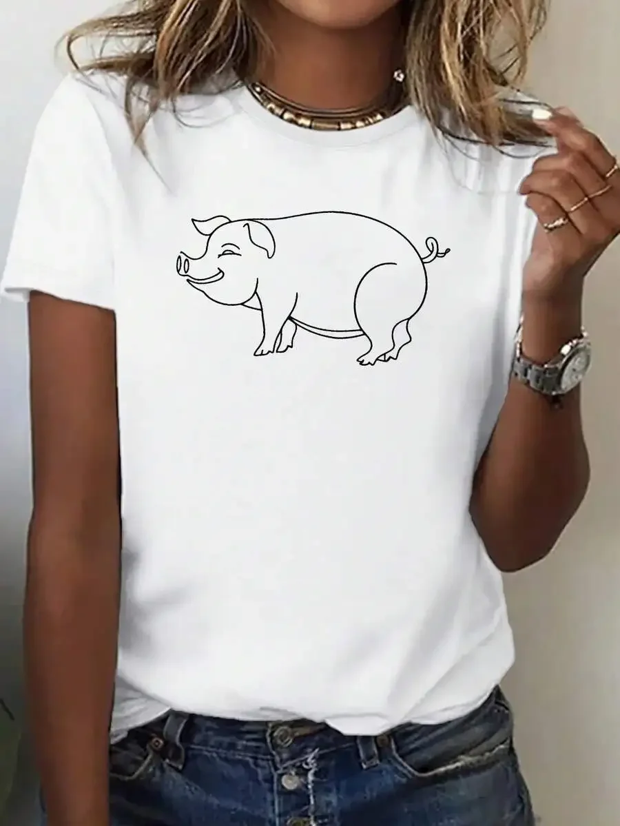 Women's Crew Neck Short Sleeve Relaxed Casual T‑Shirt Black Pig Outline Geometric Graphic Print Tee Top Clothes for Ladies