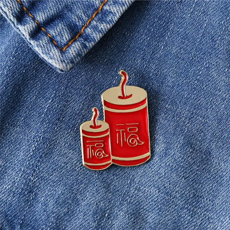 Red Blessing Enamel Brooches Christmas Gift Badge Pin Candle  Enamel Brooches New Year Celebration Jewelry Accessory Women Gift