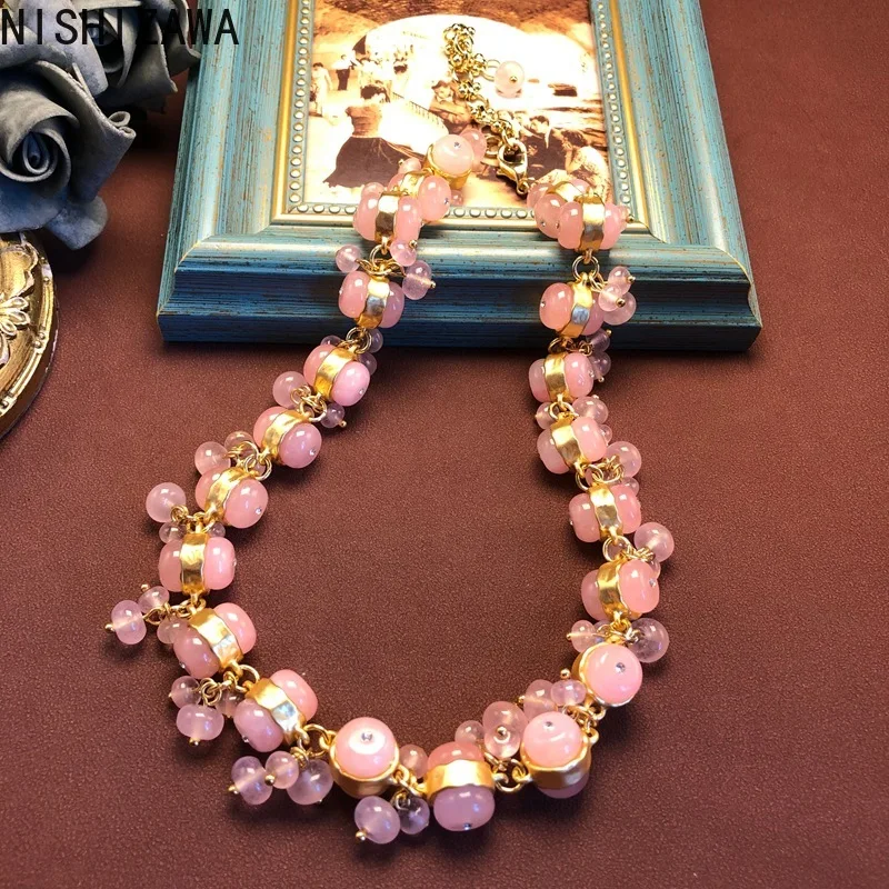 

NISHIZAWA Pink Crystal Necklaces for Woman Dinner Party Light Luxury Fashion Jewelry Palace Style Elegant Collares Para Mujer