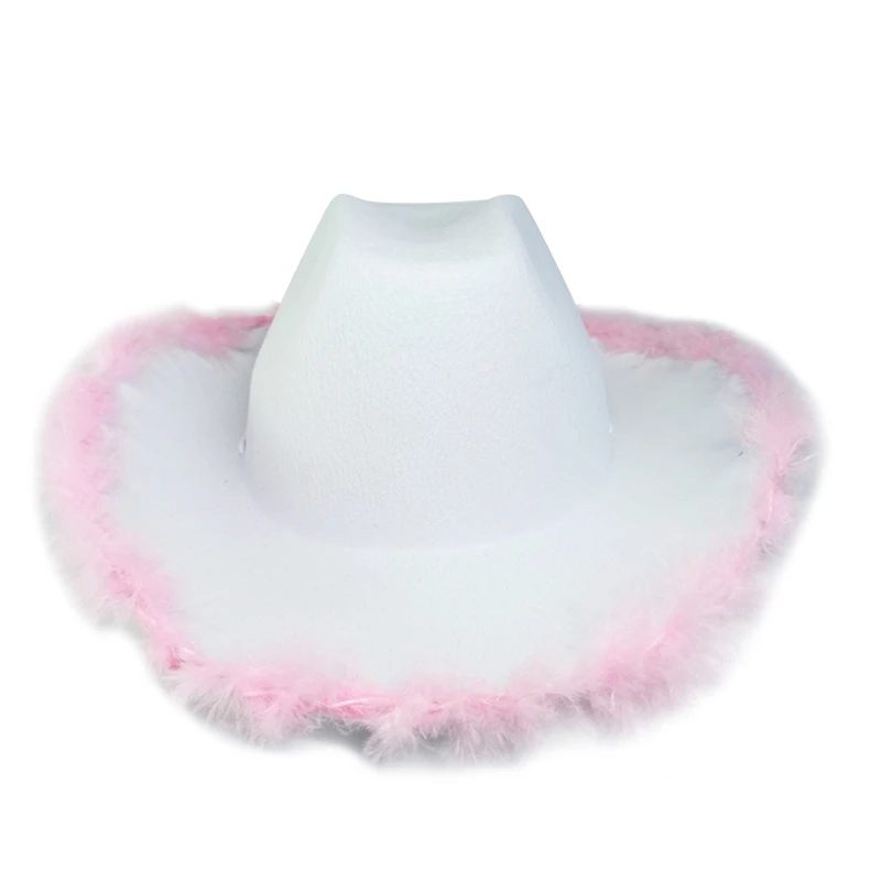 Vintage Cowboy Hat Fluffy Feather Brim Cowboy Hat Top Hat Pink Cowgirl Hat for Halloween Christmas Festival Parade F3MD