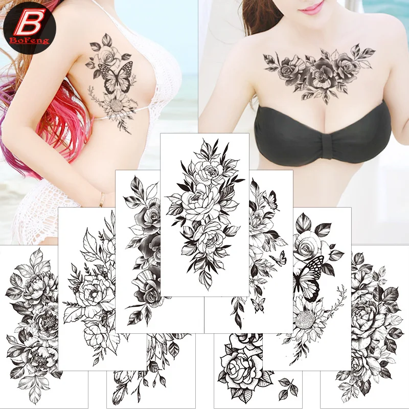 

40 Different Styles Black White Sketch Owl Tattoo Stickers Waterproof Temporary Sketch Flower Simple Tattoo Stick for Women Man