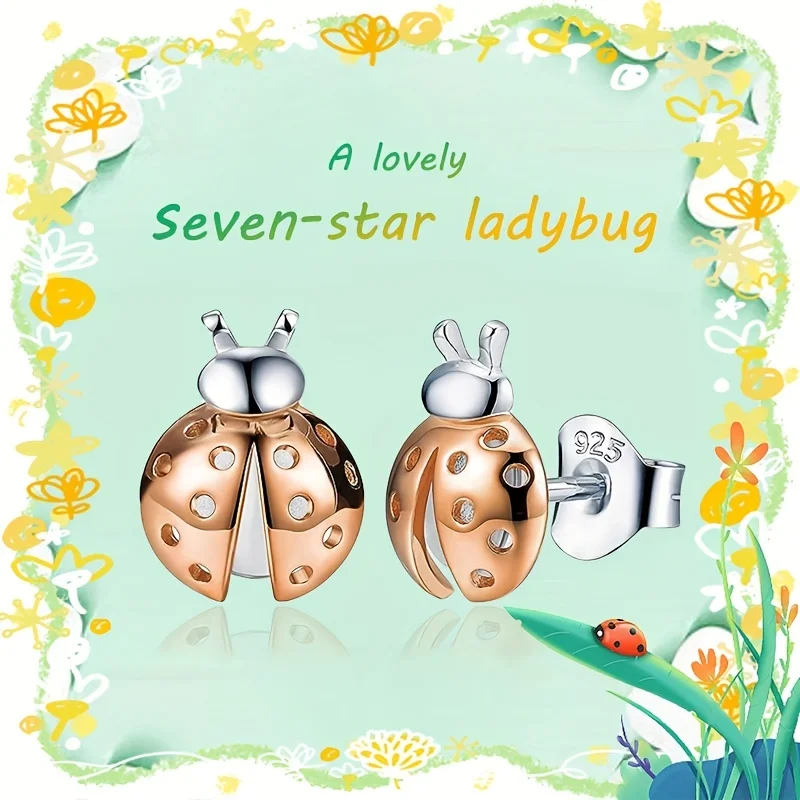 925 Sterling Silver Hypoallergenic Stud Earrings Lucky Ladybug Design 18K Plated Jewelry Unique Statement Female Earrings