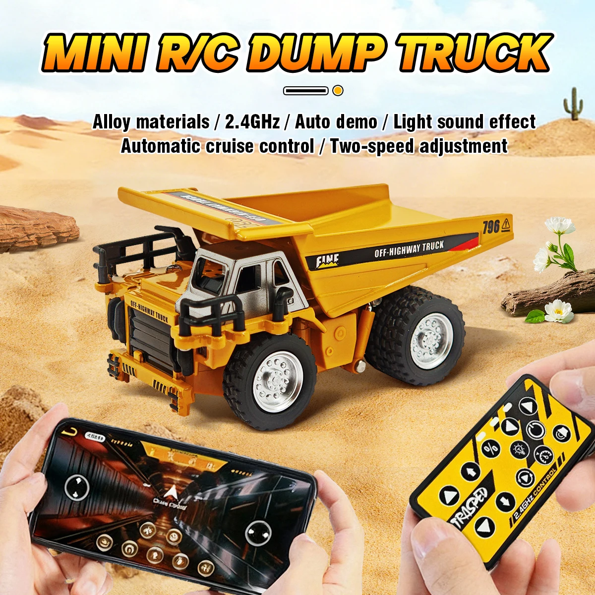 Mini camión volquete Rc de aleación fundida a presión, Control remoto por aplicación, coches de colección de ingeniería de escritorio para niños, regalo para niños, 1/64