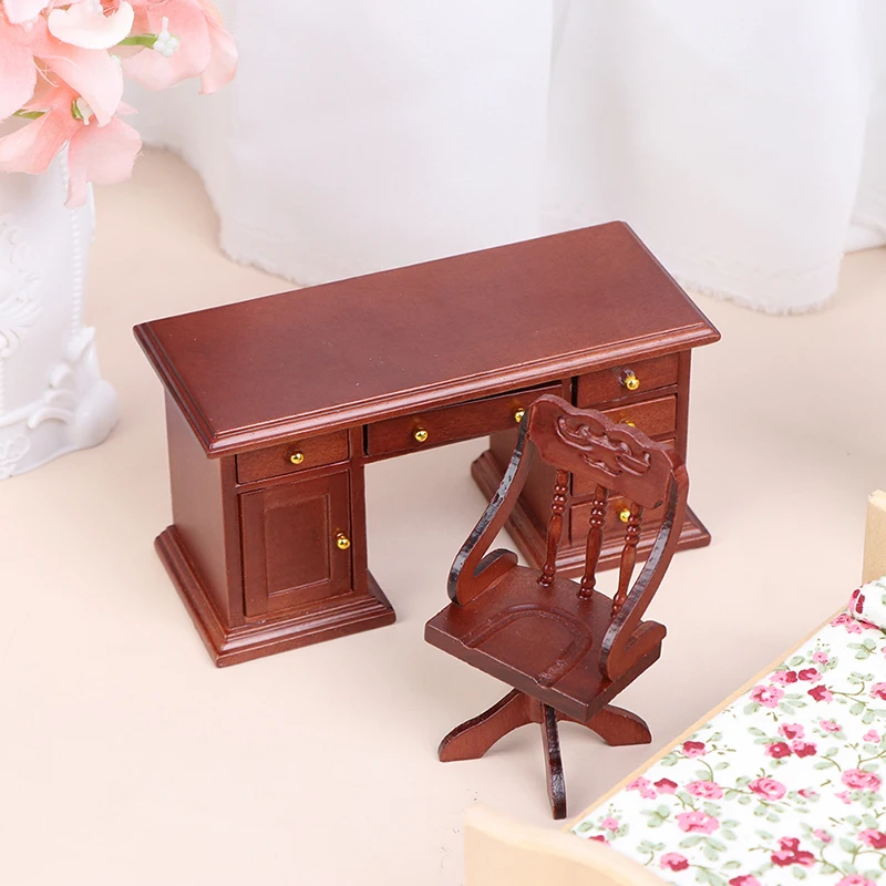 ドールハウス装飾アクセサリー,ミニチュア木製コンピューターデスクチェア,家具,1セット1/12