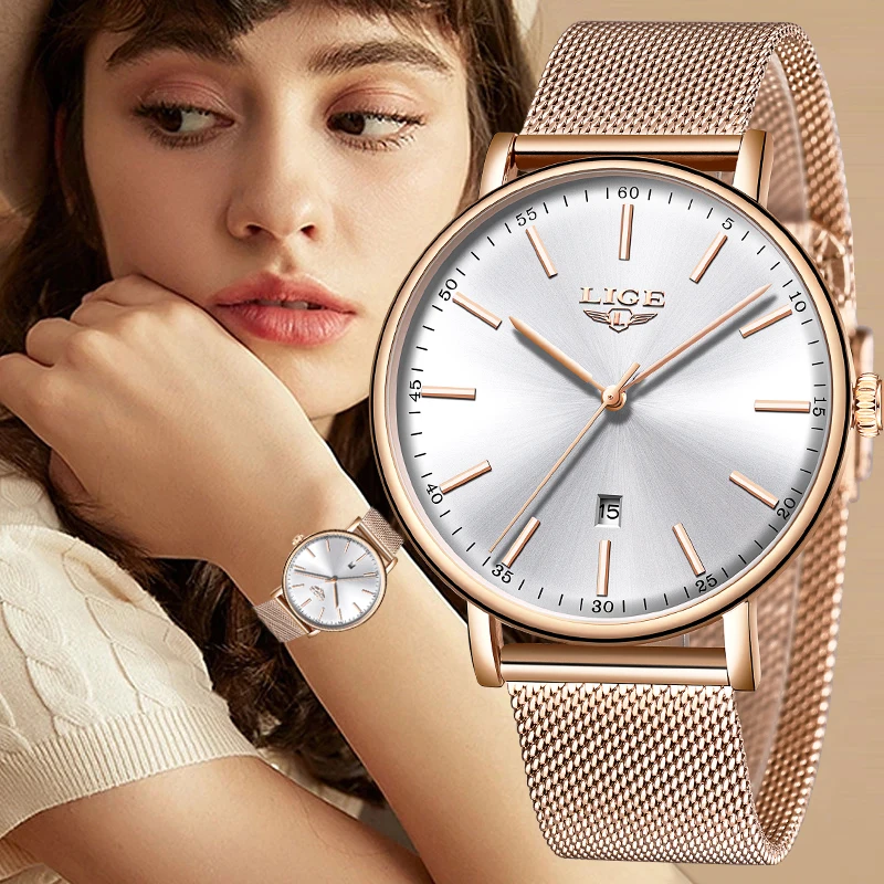 LIGE Top Brand Luxury Woman Watch Fashion Elegant Waterproof Quartz Watches for Women Ladies Stainless Ultra Thin Casual Clocks