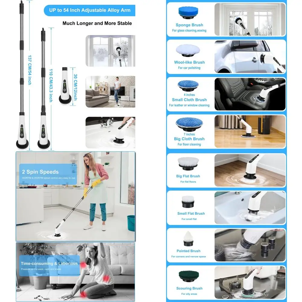 

Wireless Spin Scrubber with 8 Detachable Brush Heads, Dual-Speed Power Cleaner for Tiles, Floors, and Baths