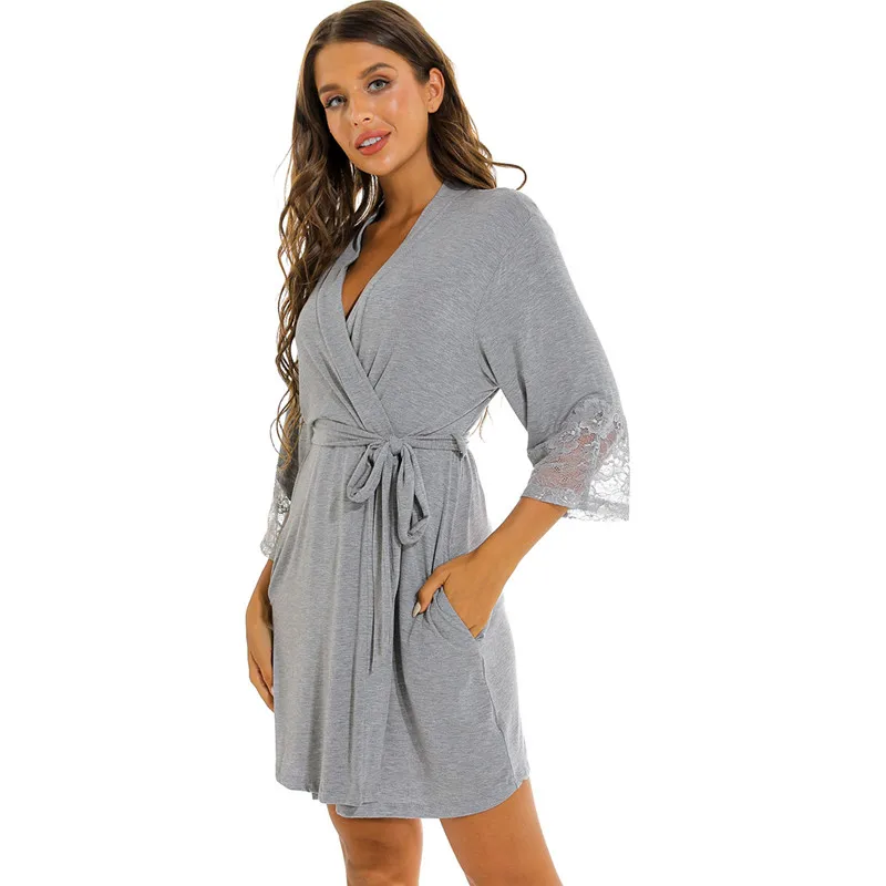 Large Size Solid Color Knit Cotton Robe For Women Bathrobe European Style Lace Loose Nightdress Sleeping Ladies Night Gown