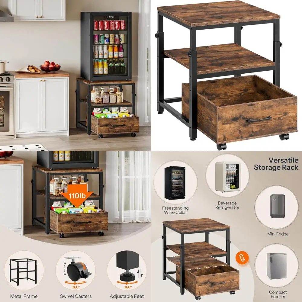 

Регулируемый по высоте шкаф для хранения мини-холодильников на колесах, дружелюбный в общежитии, коричневый и черный BF455BX01