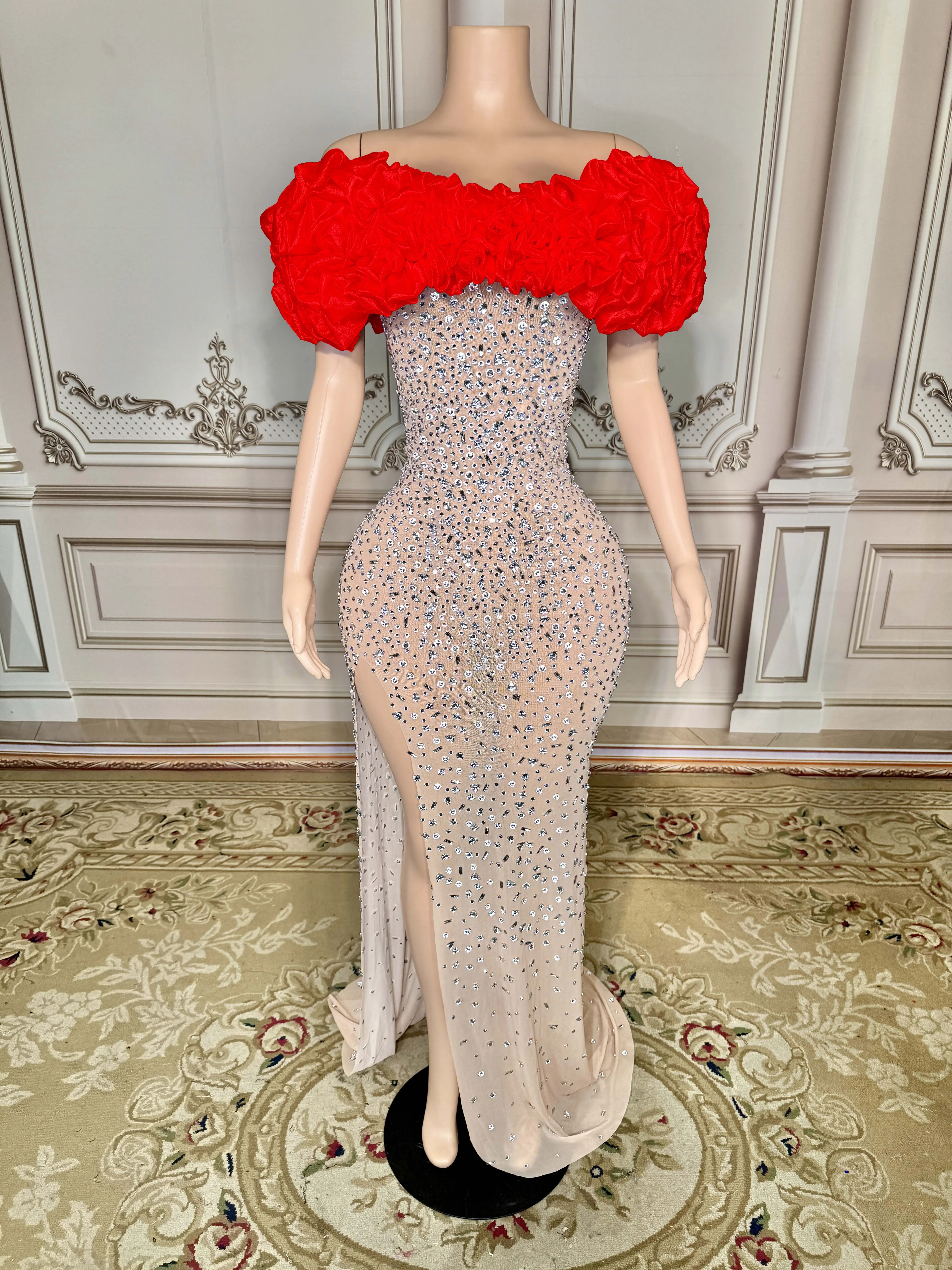 Brilhante pérola strass transparente vestido longo noite aniversário celebrar festa luxuoso traje dançarino piscando vestido