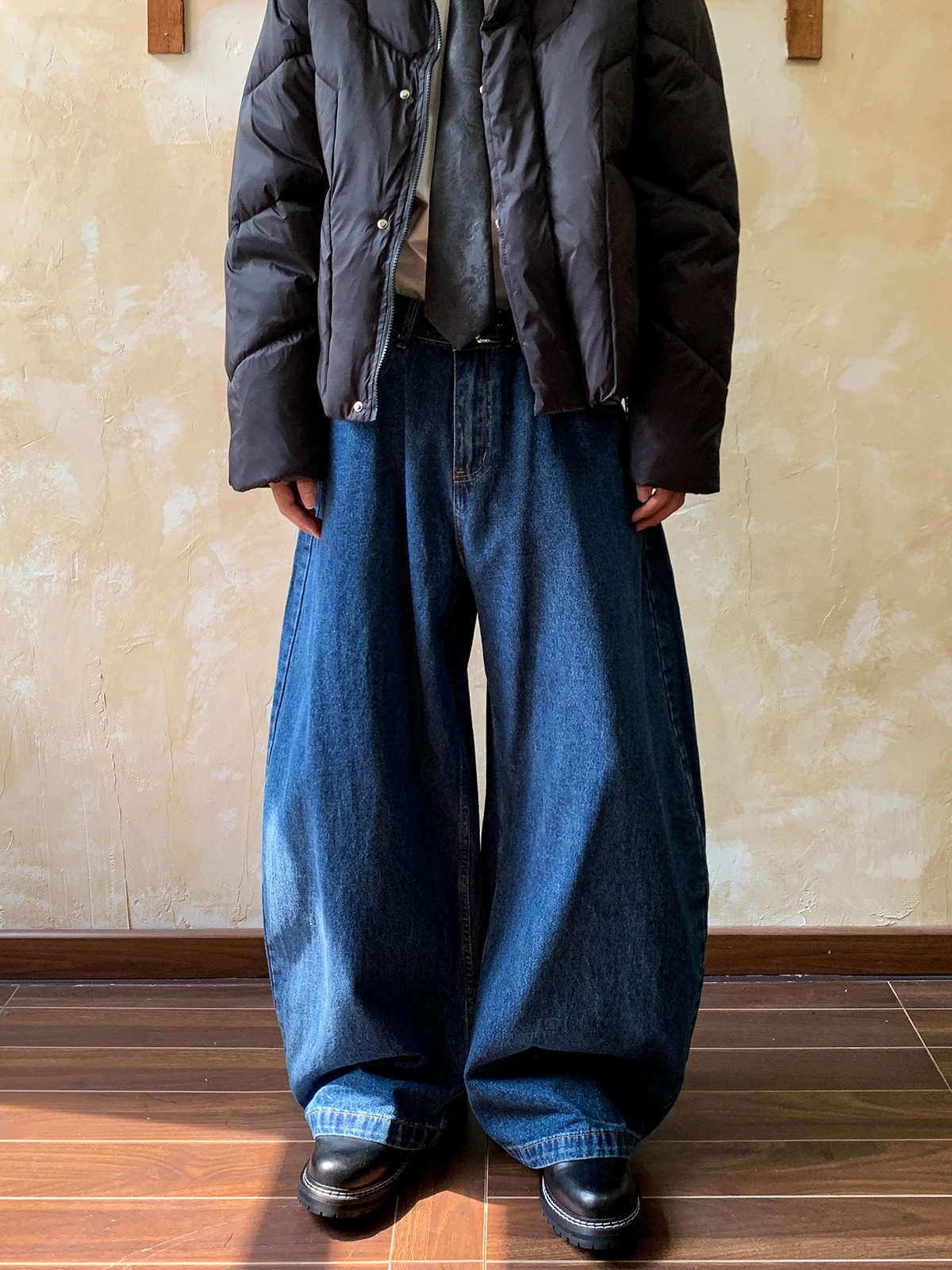 

American Vintage Washed Deep Blue Color Men's Wide Leg Knife Jeans Loose Fit Casual Straight Tube Trousers