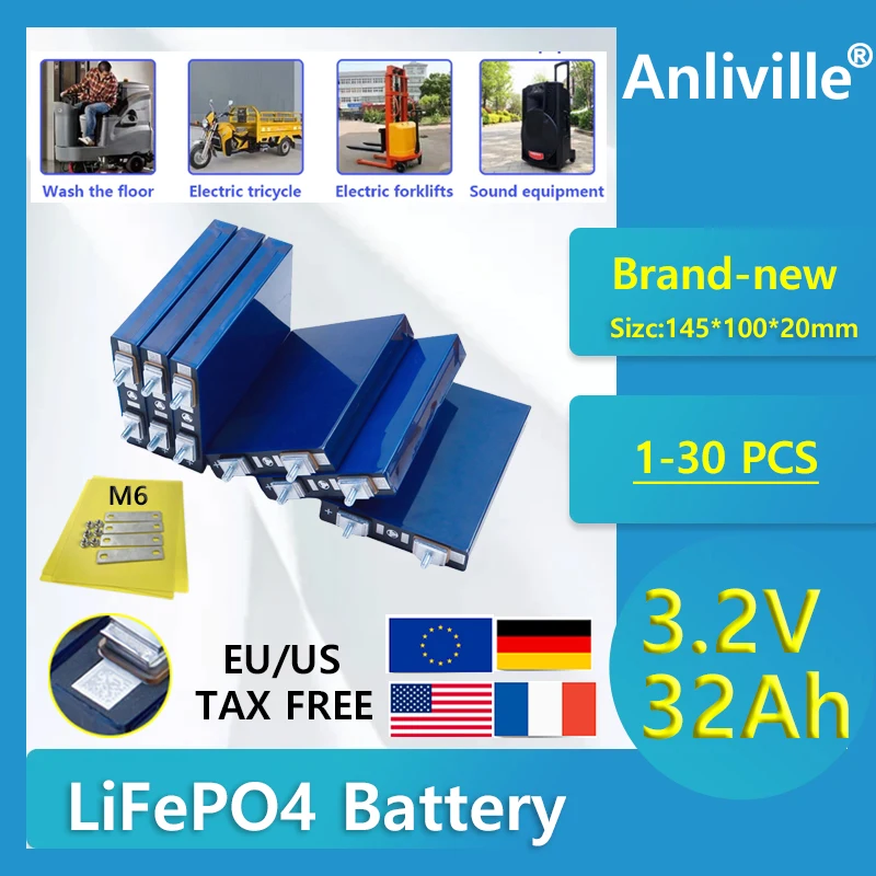 

Новый аккумулятор LiFePO4 3,2 В, 32 Ач, 90 А, разряд 32000 мАч, DIY 12 В, 24 В, 48 В, модификация аккумуляторов для мотоциклов и автомобилей (1-30 шт.)