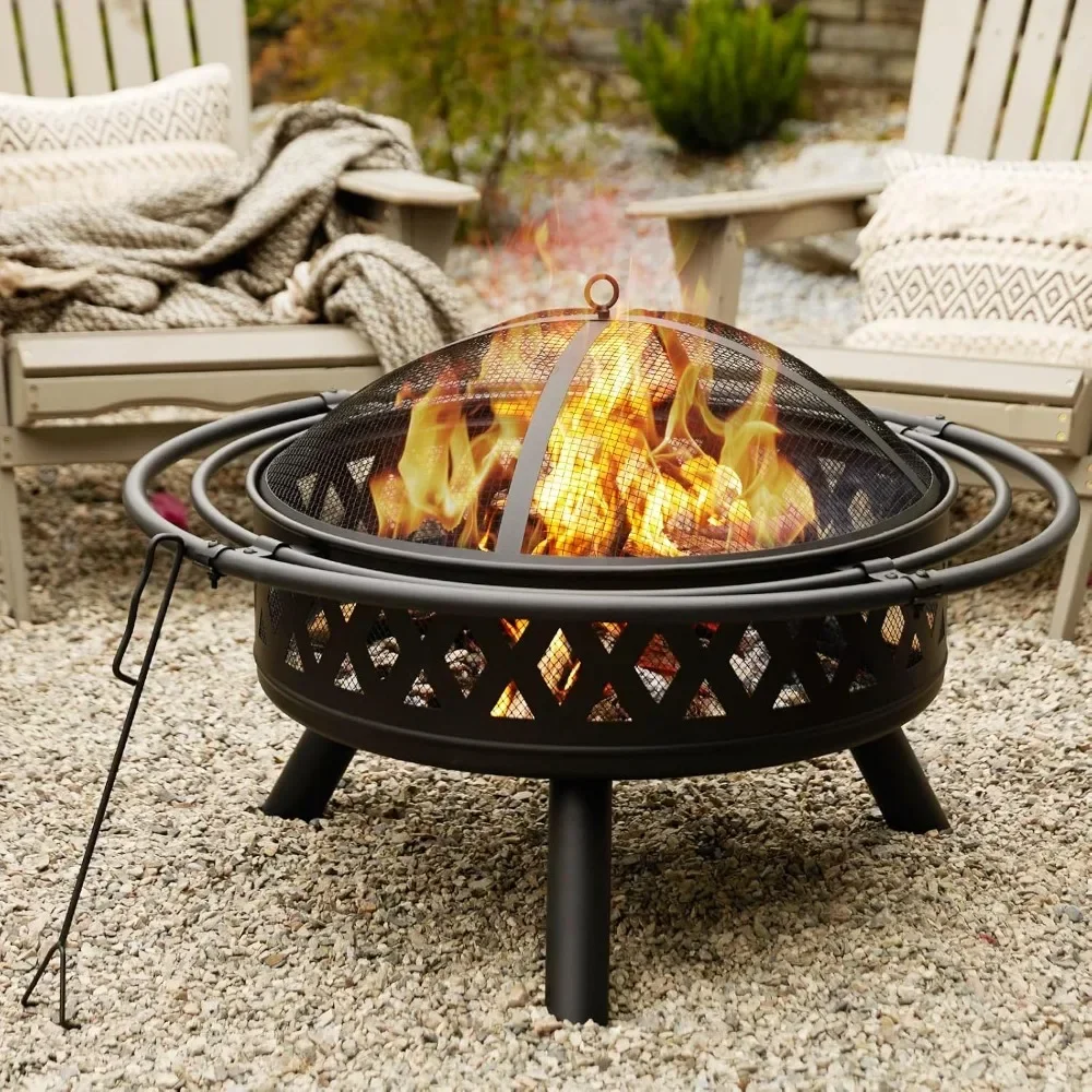 

35 Inch Fire Pit, Outdoor Wood Burning Fire Pit Crossweave with Spark Screen Fire Poker with 2 Loops for Patio Garden Bonfire