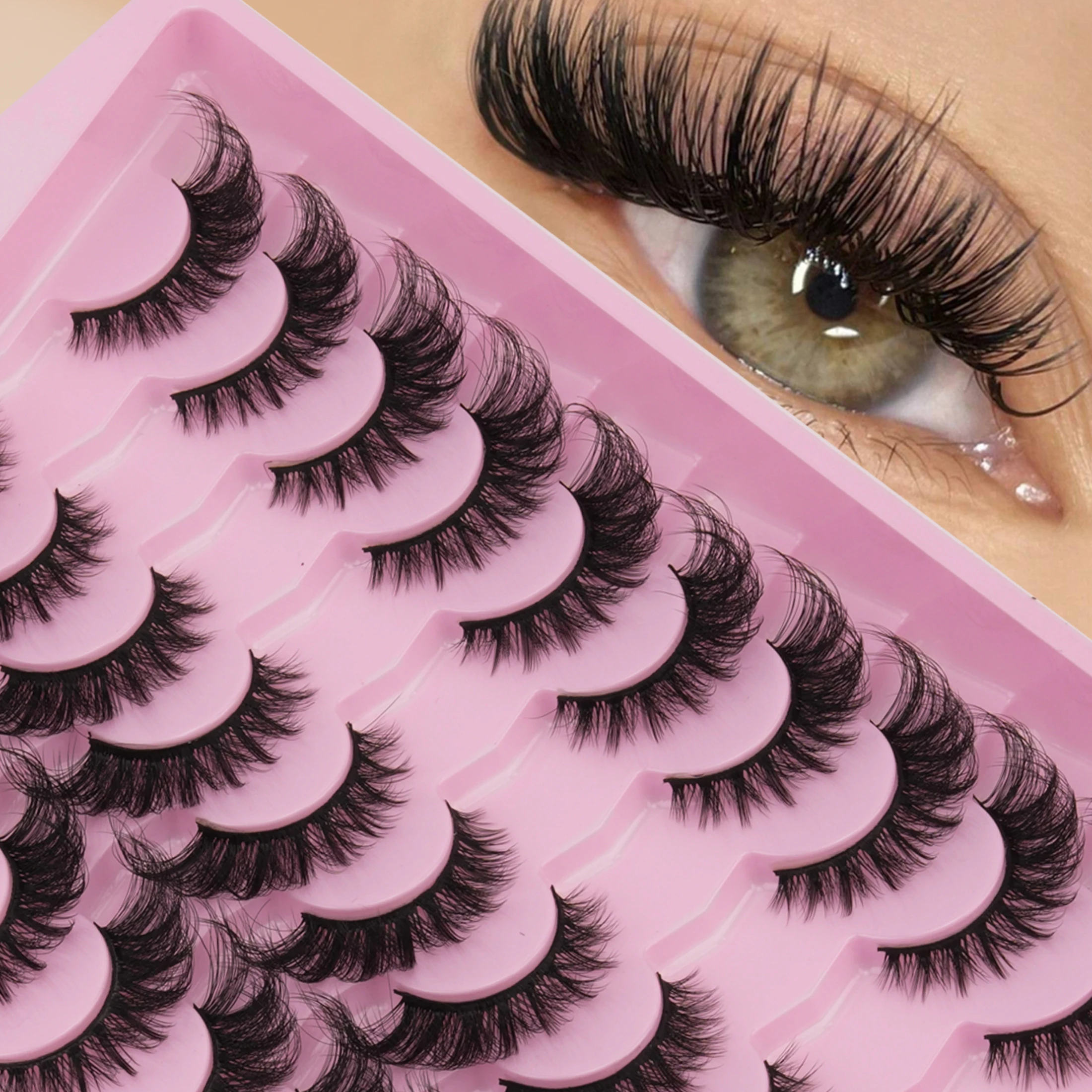 20 Pairs Russian Strip DD Curl False Eyelashes Cross Design Fluffy Faux Fur Hard Black Stem Lash Extension Look Reusable Lashes