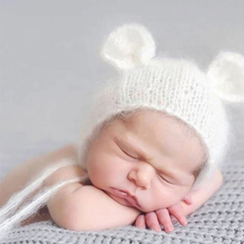 Chapeau en Mohair pour photographie nouveau-né, joli chapeau en laine avec oreilles, chapeau élégant pour bébé, adapté aux