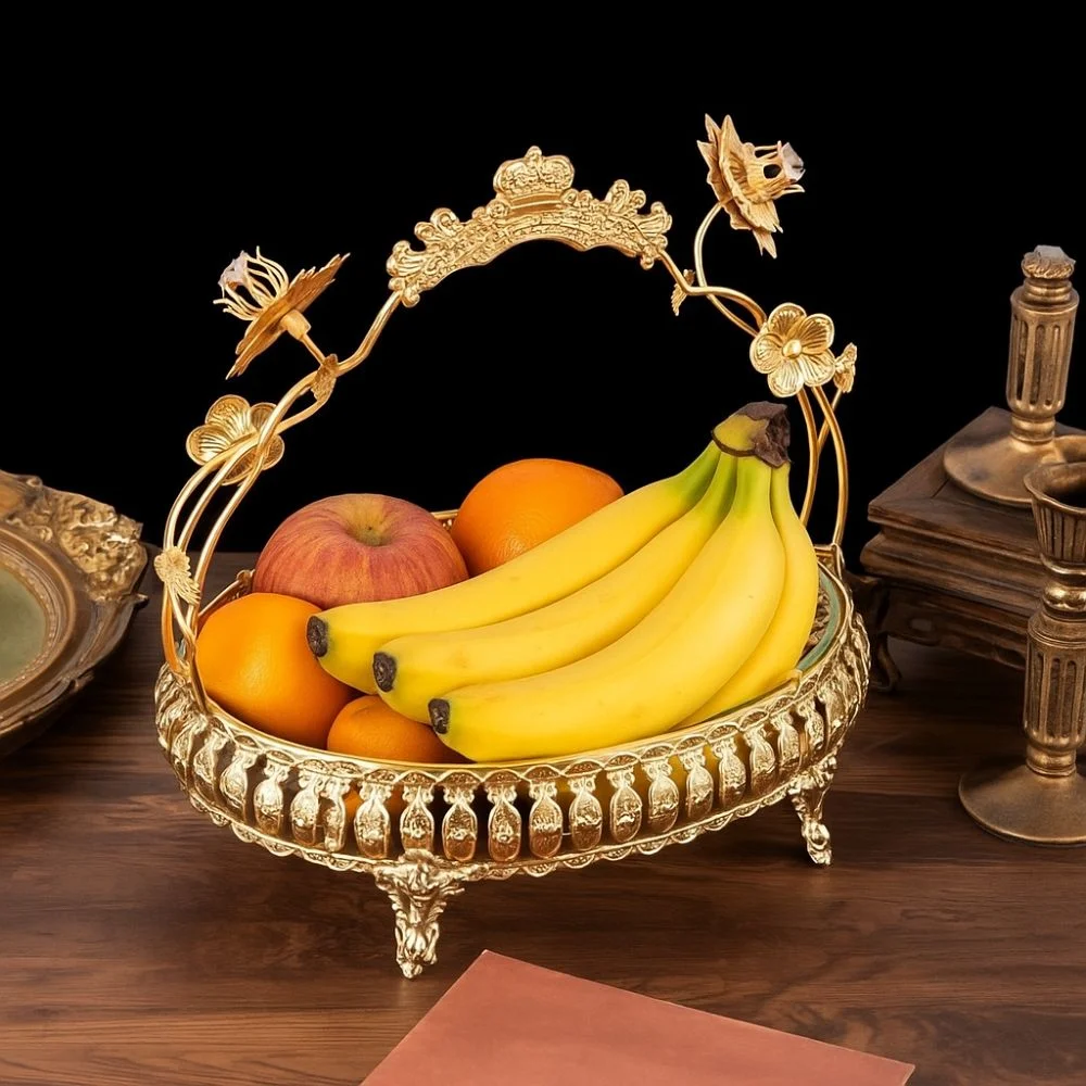 

Portable Handle Metal Fruit Plate Golden Glass Light Luxury Retro Storage Basket European Style Pastry Tray Banquet Desktop