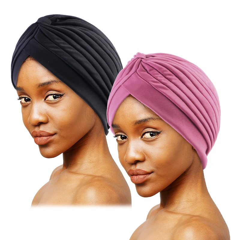 2 stücke Knoten Crinkle Turban Kappe schwarz & dunkelblau Headwrap elastischen Kopftuch leichte Motorhaube Chemo Kappe – Detail 6