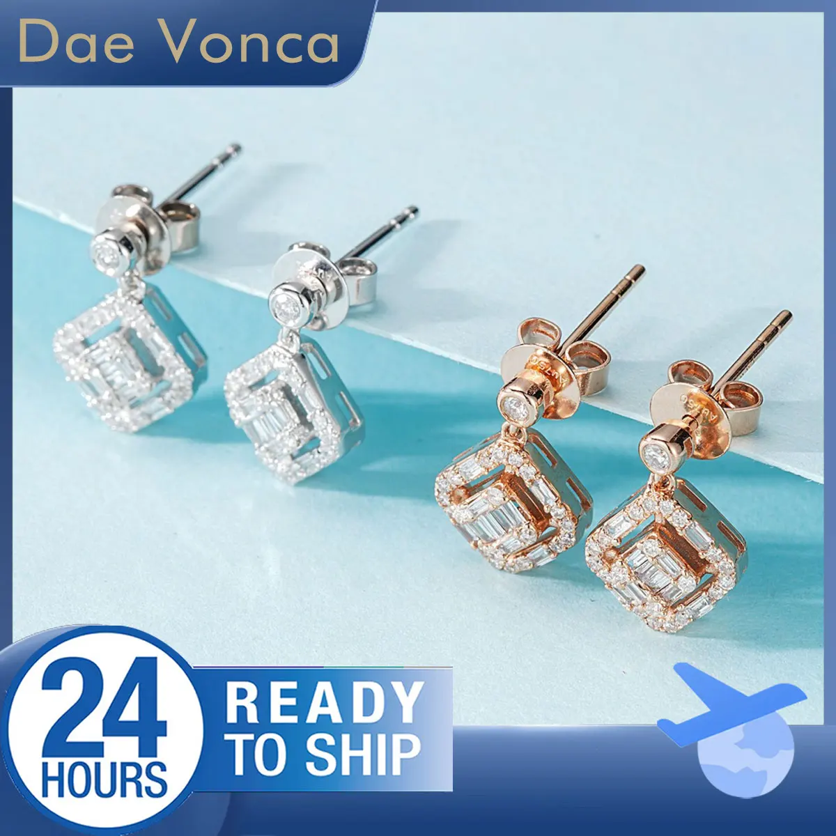 

18K Rose and White Gold Diamond Earrings Baguette and Round Cut Natural Diamonds Square Drop Earrings Genuine Diamond Earrings