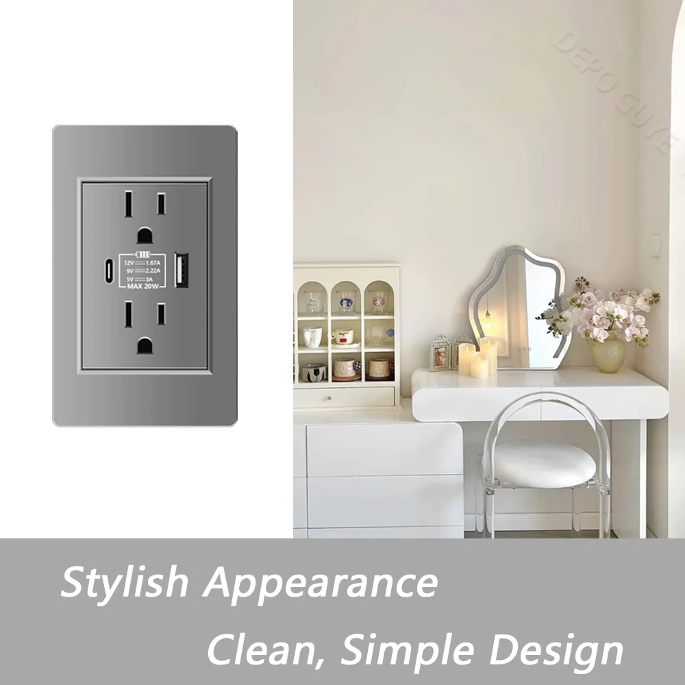الولايات المتحدة المكسيك القياسية مقبس الحائط ، الأمريكية Usb Type-c 20 واط شحن سريع مخرج طاقة المنزل البلاستيك مقبس الحائط التوصيل 118 مللي متر * 73 مللي متر #3