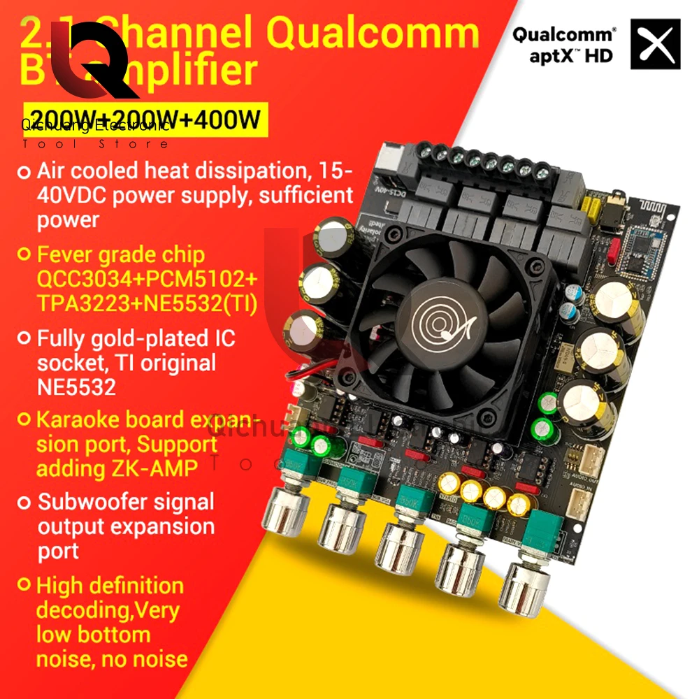 ZK-APTX2 DC15-40V 2.1 kanałowy wzmacniacz mocy 200W + 200W + 400W moduł wzmacniacza audio HiFi NE5532 Chip dla modułu Qualcomm QCC3034