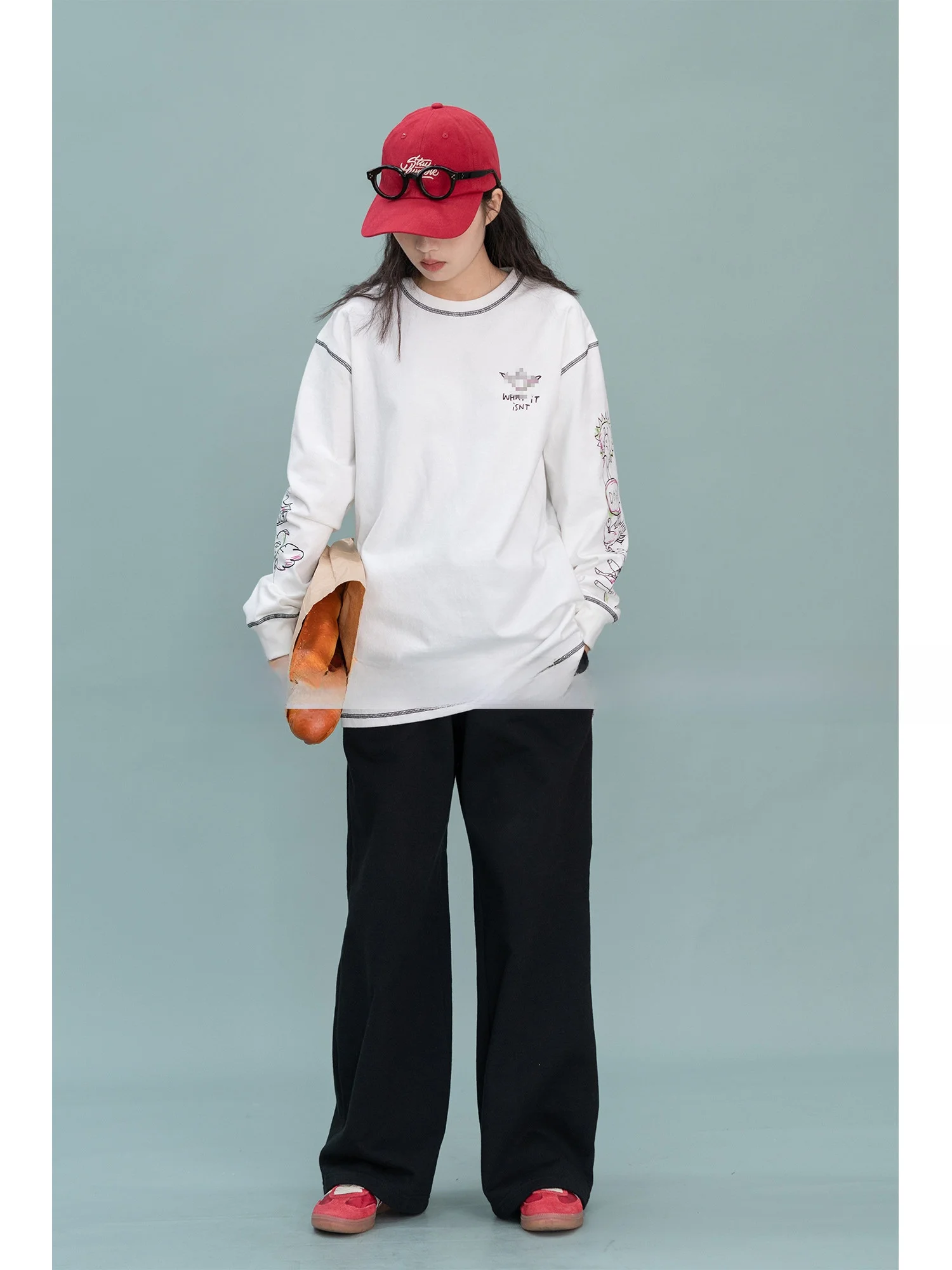 

От Qi Fun Fur Texture Oversize Пара Long Sve Футболка fiti Fun Line Маленький круглый логотип Ne Толстовка для женщин