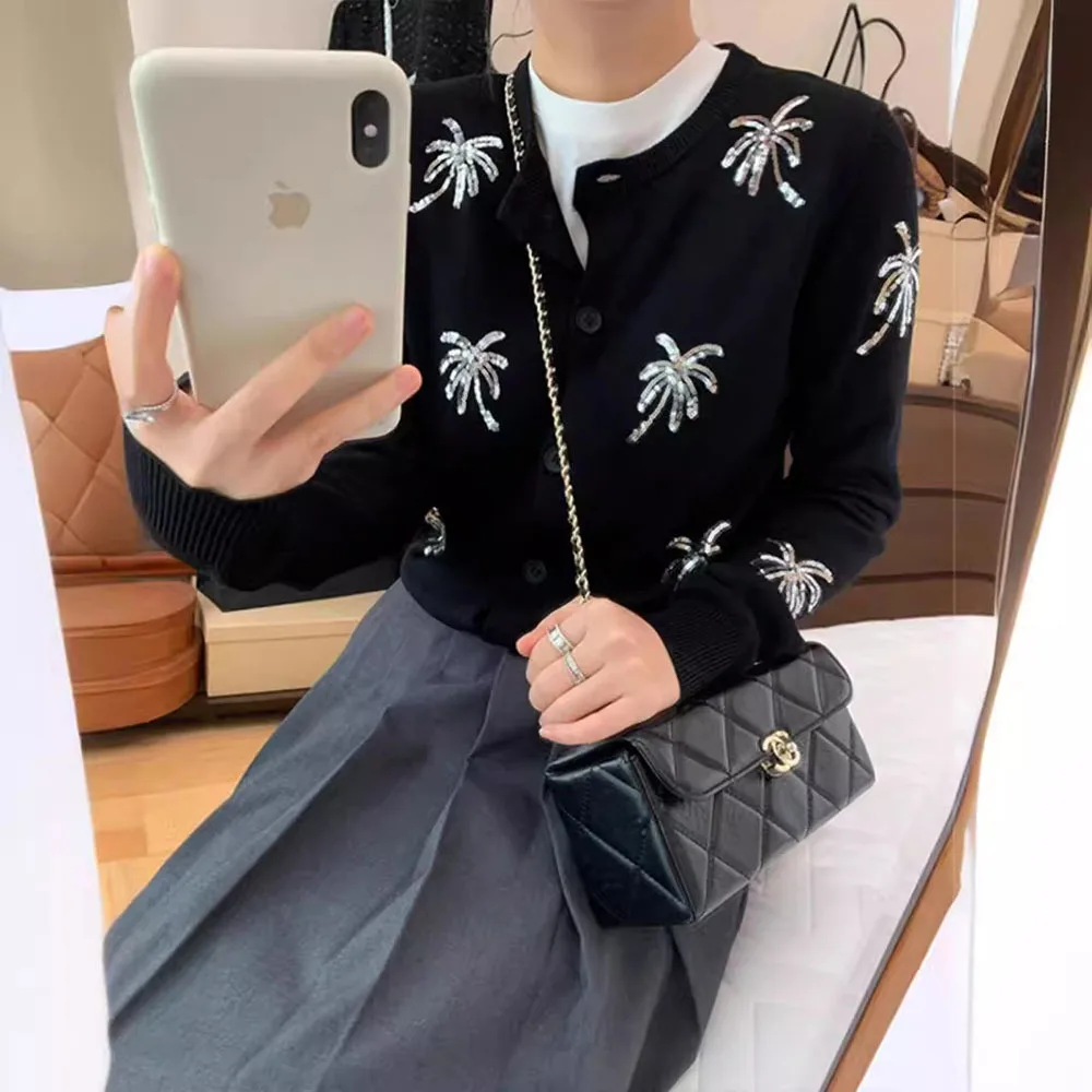 Autumn Women Clothing Sequined Sweater Button Knitted Cardigan Casual Loose Knitwear Fashion Elegant Tops Female Sweaters Coat