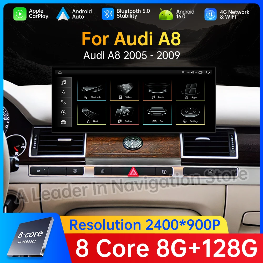 QLED Touch Screen Wireless Auto Carplay Android 16 For Audi A8 2005 - 2009 Car Radio Multimedia Navi GPS 4G WIFI Accessories